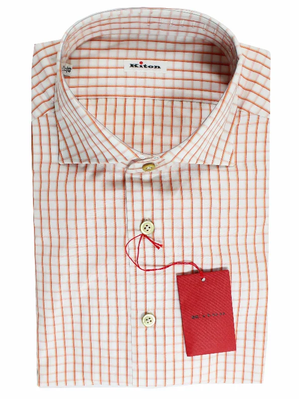 Kiton Dress Shirt White Orange Graph Check Spread Collar 44 - 17 1/2   REDUCED - SALE Classic Men's Pin