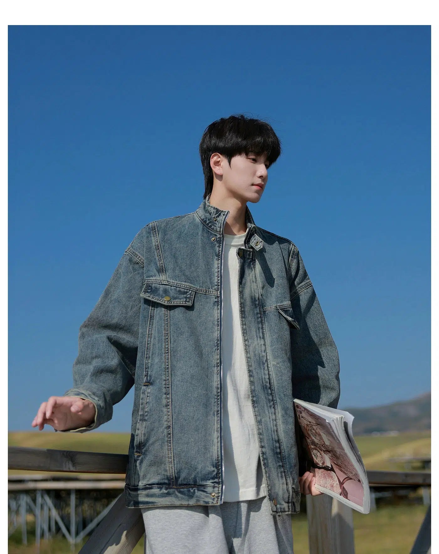 Snap Button Closure Denim Jacket Masculine Men's 