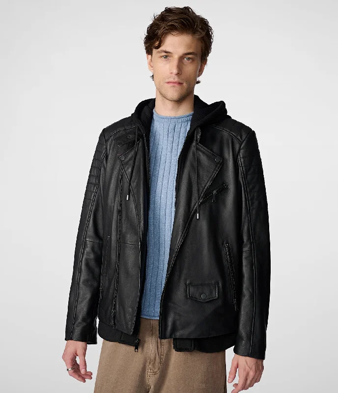 Dustin Leather Hooded Moto Jacket Monochromatic All