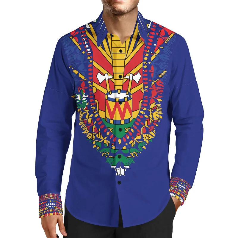 MEN'S FASHION LUXURY TMMG BLUE HAITIAN FLAG DASHIKI DRESS SHIRT Refined Men's Velvet