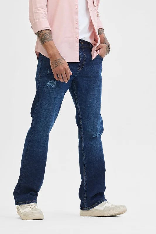 Navy Distressed Bootcut Jeans Laid