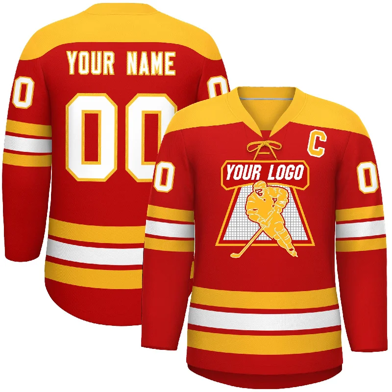 Custom Red Gold White Personalized Classic Lace-Up Neck Hockey Jersey Vacation