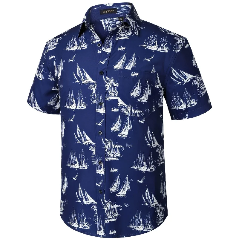 Hawaiian Tropical Shirts with Pocket - B-04 NAVY BLUE Traditional Men's Wool