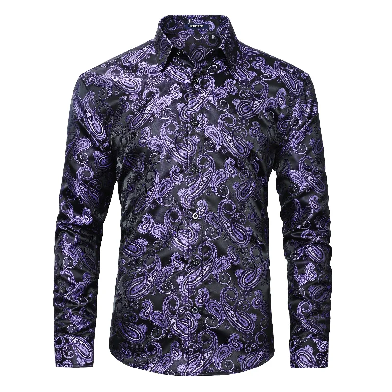 Men's Long Sleeve Shiny Shirt With Printing - PURPLE Traditional Men's Country