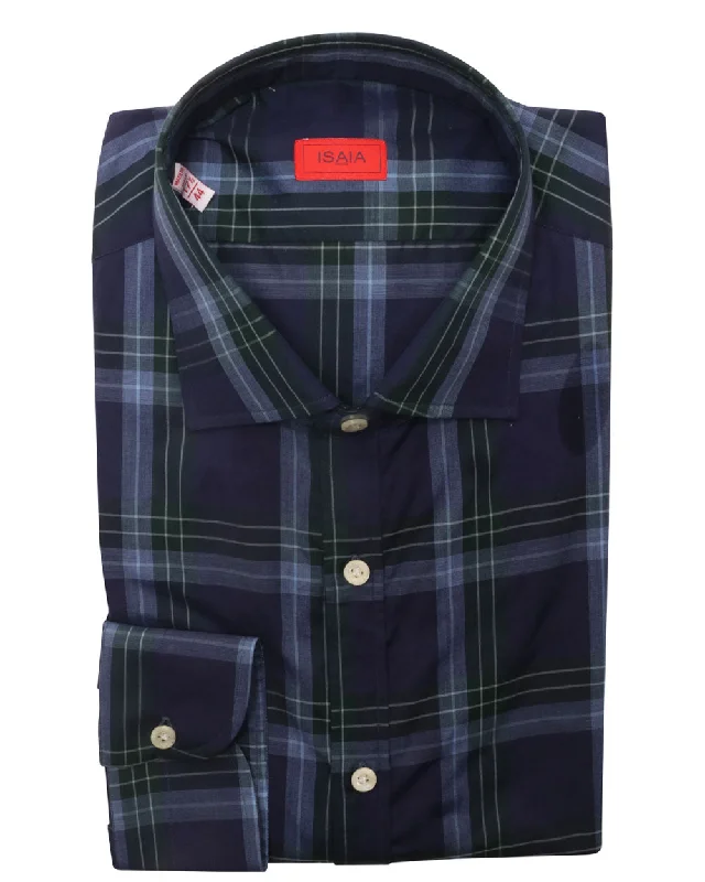 Blue and Green Cotton Plaid Sportshirt Masculine Men's Thick