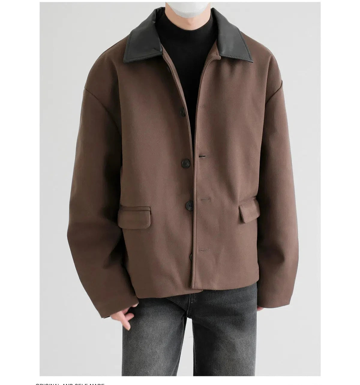 Spliced Leather Collar Short Woolen Jacket Practical Men's Quick