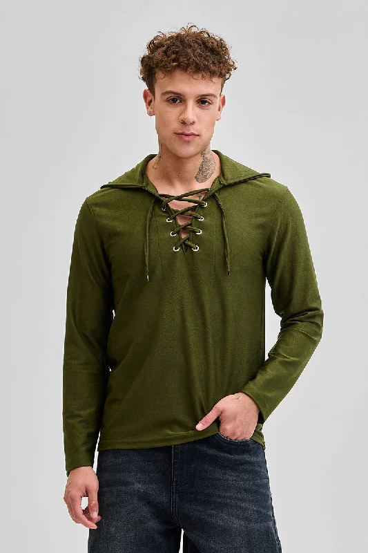 Olive Lace-Up Textured Hoodie Cclassic Men's Tweed