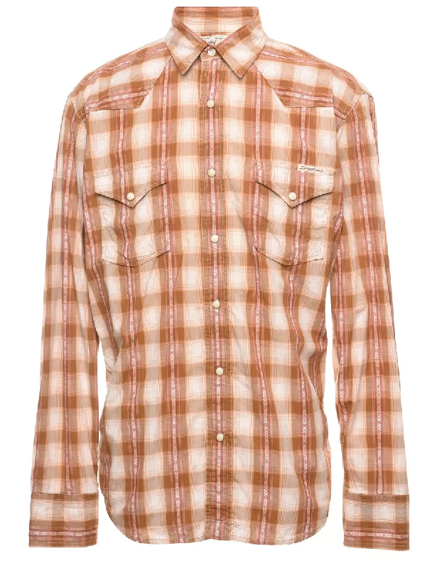 Light Brown Western Checked Shirt - M Laid