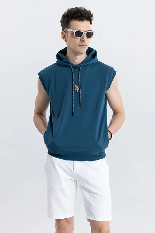 Logotype Blue Sleeveless Hoodie Unique Men's Patch