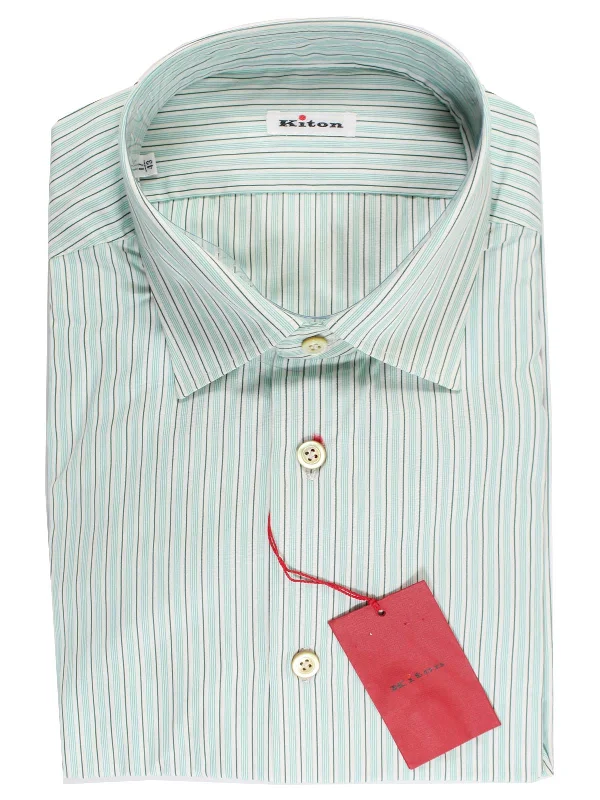 Kiton Dress Shirt White Green Aqua Stripes 37 - 14 1/2 REDUCED - SALE Confident Men's High