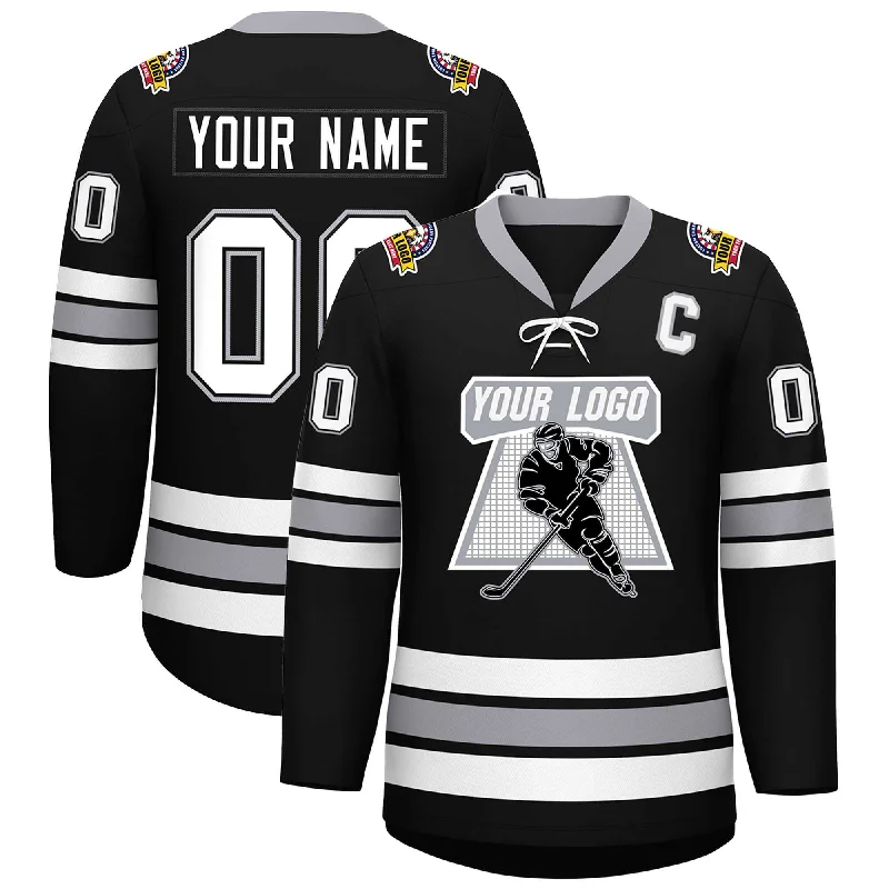 Custom Black White-Gray Lace-Up Neck Hockey Jersey Sleek Men's Metallic