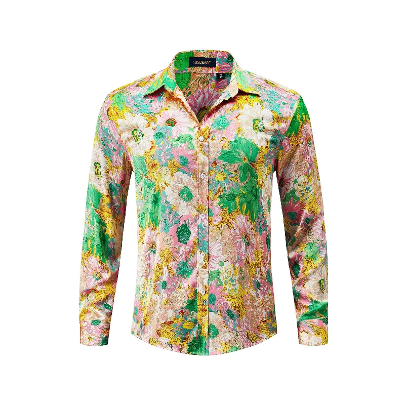 Men's Long Sleeve Shirt With Printing - Y-PINK/GREEN Streetwear Style