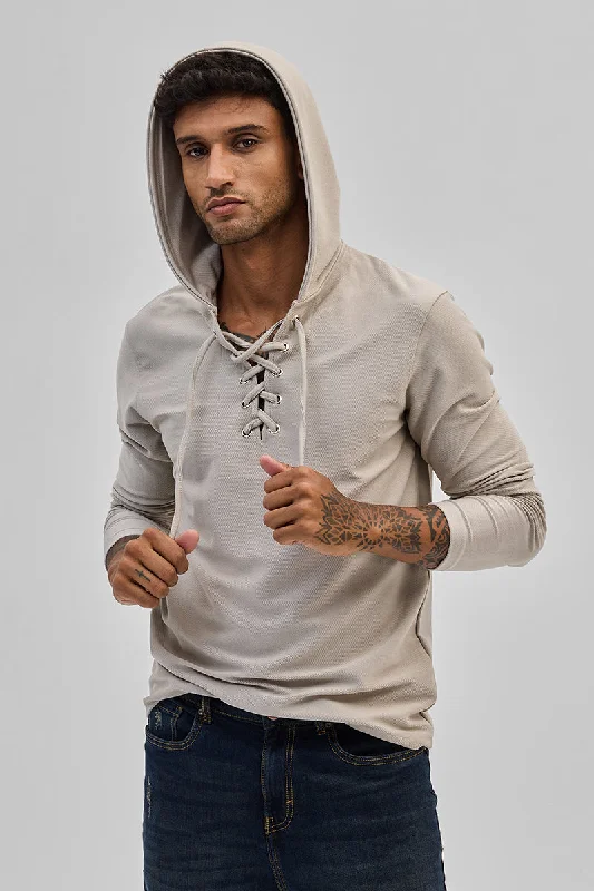 Beige Lace-Up Textured Hoodie Gym