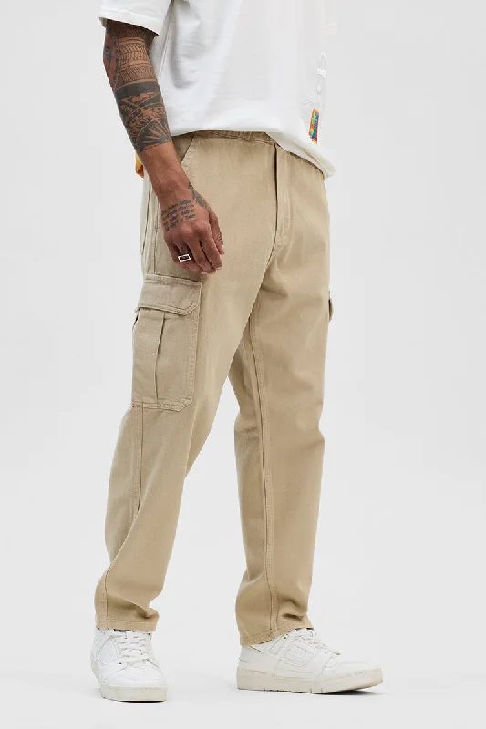 Beige Comfort Fit Pull On Cargo Jeans Polished Men's Satin