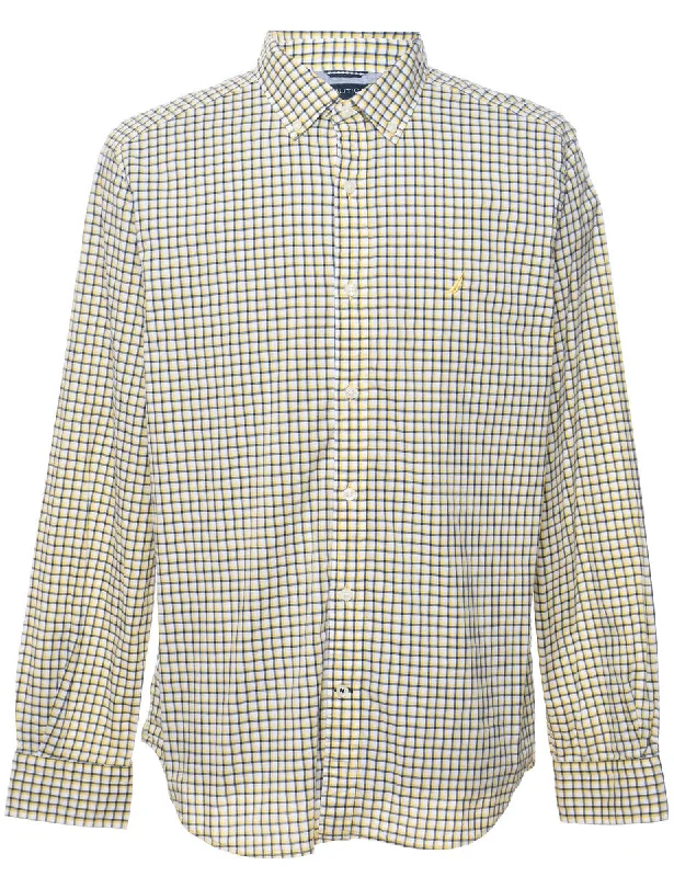 Nautica Checked Navy & Pale Yellow Shirt - L Elegant Men's Cashmere