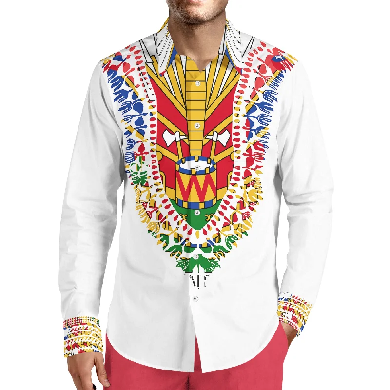 MEN'S FASHION LUXURY TMMG WHITE HAITIAN FLAG DASHIKI DRESS SHIRT Polished Men's Silk