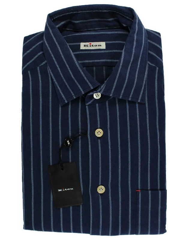 Kiton Shirt Dark Blue Stripes - Flannel Cotton 43 - 17 Confident Men's High