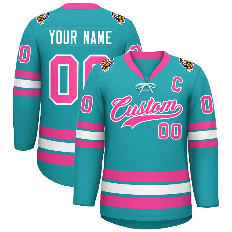 Custom Aqua Pink-White Lace-Up Neck Hockey Jersey Dynamic Men's Glow