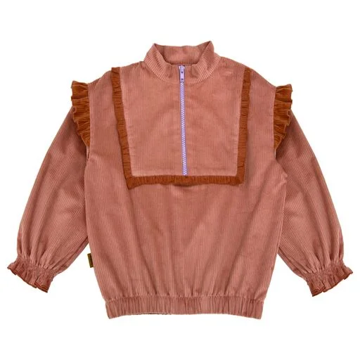 HEBE PINK CORDUROY RUFFLE TRIM ZIPPER TOP [Final Sale] Youthful Men's Pop