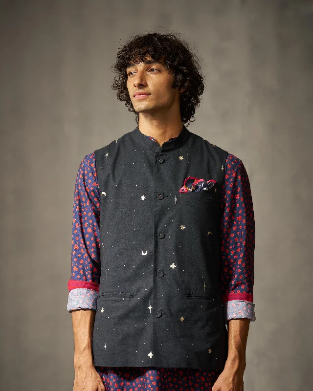 Nehru Jacket - Black Print Elegant Men's Cashmere