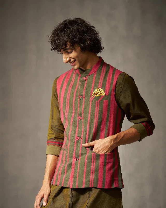 Nehru Jacket - Red & Oak Brown Print Trendy Men's Scandinavian